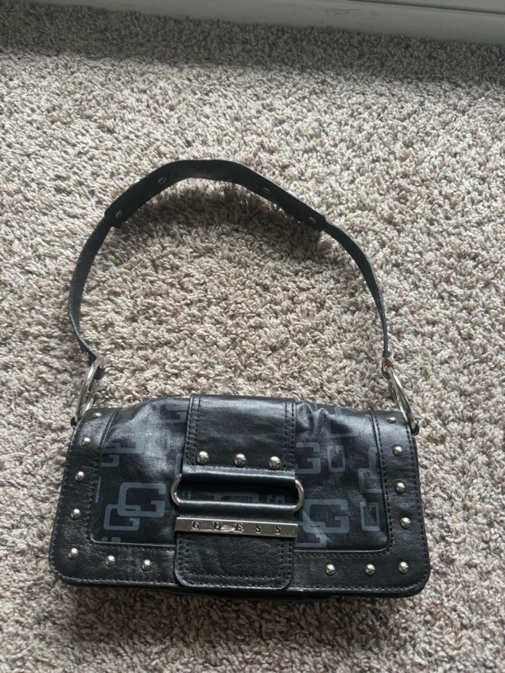 Guess Black Logo Shoulder Bag with Stud Accents